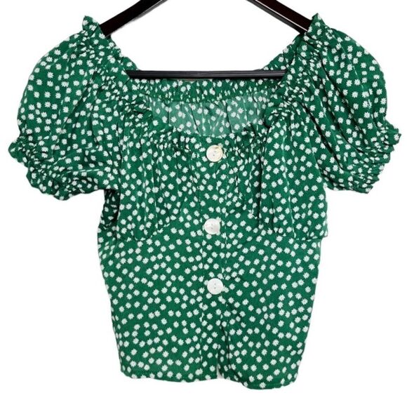 Floral Puffy Sleeve Button Down Crop Top Green and White Size Small - Picture 1 of 6